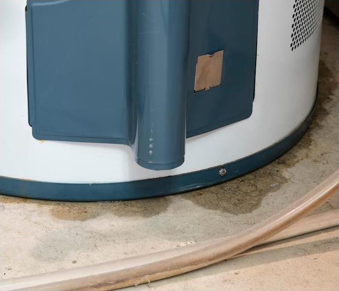 img src =”water heater” alt = " a blue and white hot water heater showing signs of a water leak ” >